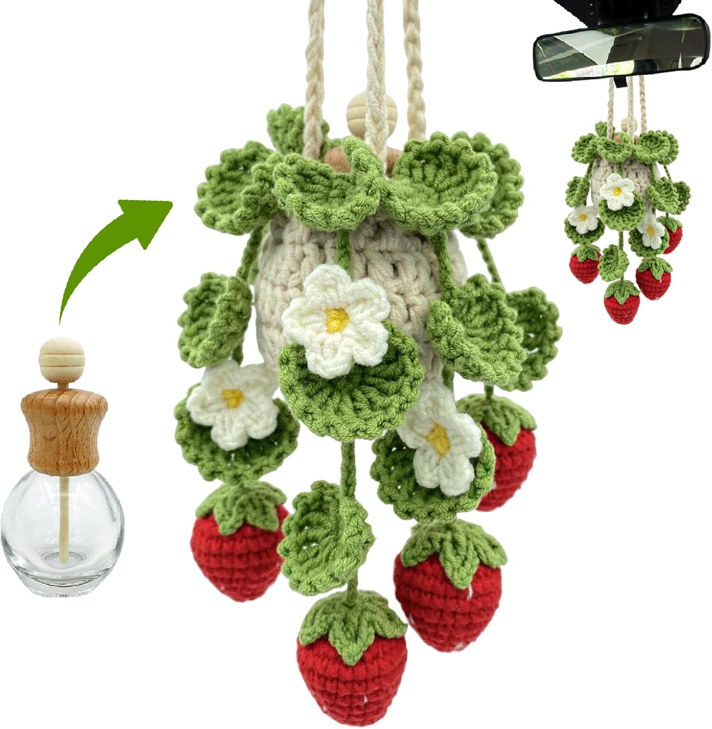 Crochet Car Air Freshener, 15Ml Empty Refillable Oil Diffuser Bottle with Hanging Crochet Strawberry Plant for Car Rearview Mirror Decor Air Freshener Diffuser for Home and Office Decor(Strawberry)