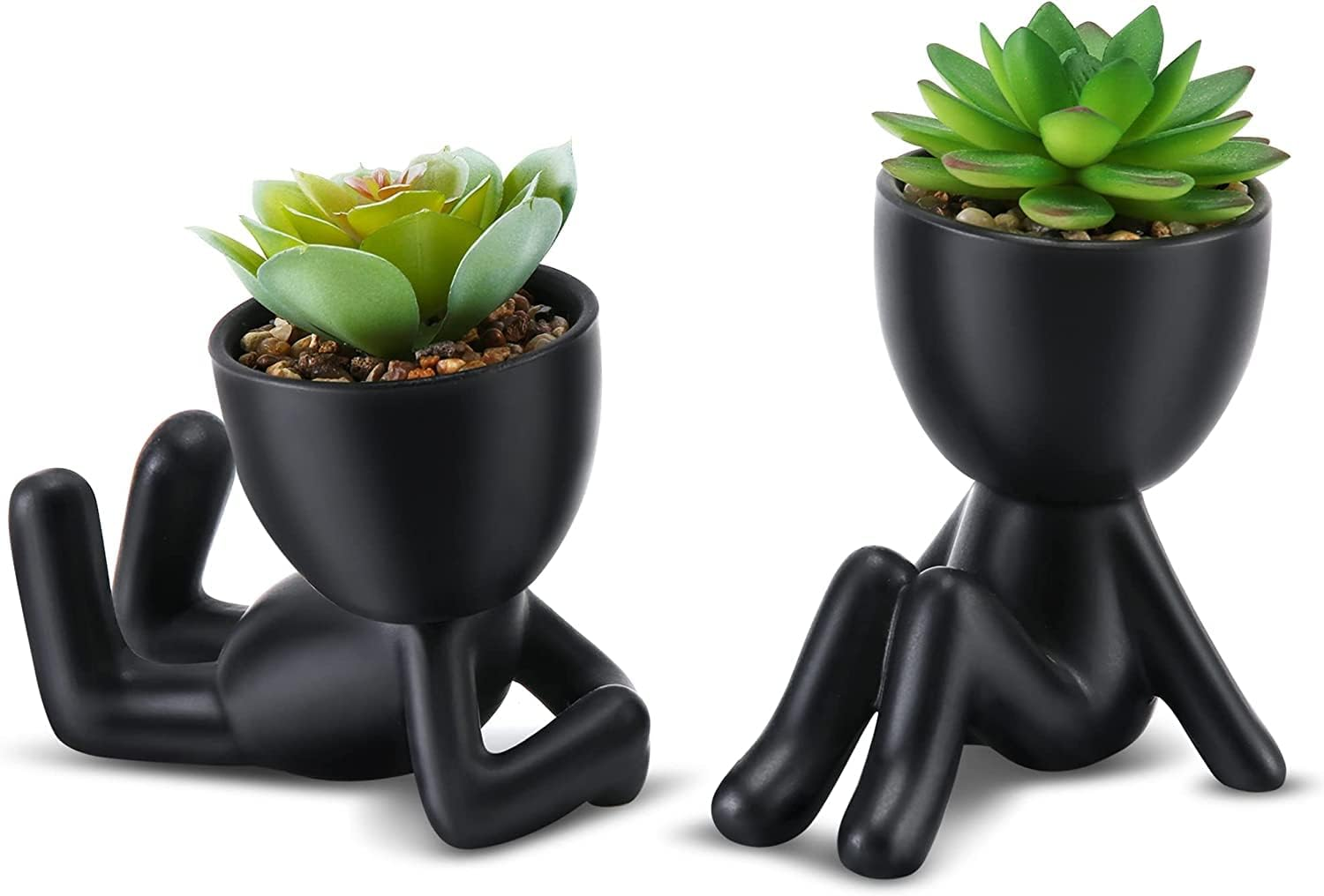 Fake Succulent, Mini Succulents Plants Artificial in Black Modern Human Shaped Ceramic Pots Cute Desk Decor Desk Plant for Office Decor, Cute Fake Plants Bathroom Decor 2PCS image number 1