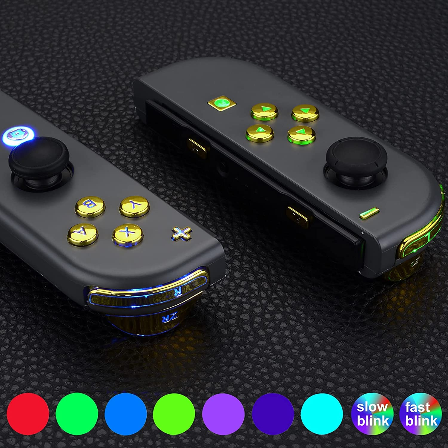 Extremerate 7 Colors 9 Modes NS Joycon DFS LED Kit, Multi-Colors Luminated Chrome Gold Classical Symbols ABXY Trigger Face Buttons for Nintendo Switch & Switch OLED Model Joy-Con - Joycon NOT Included - Black Symbols Buttons Set image number 6