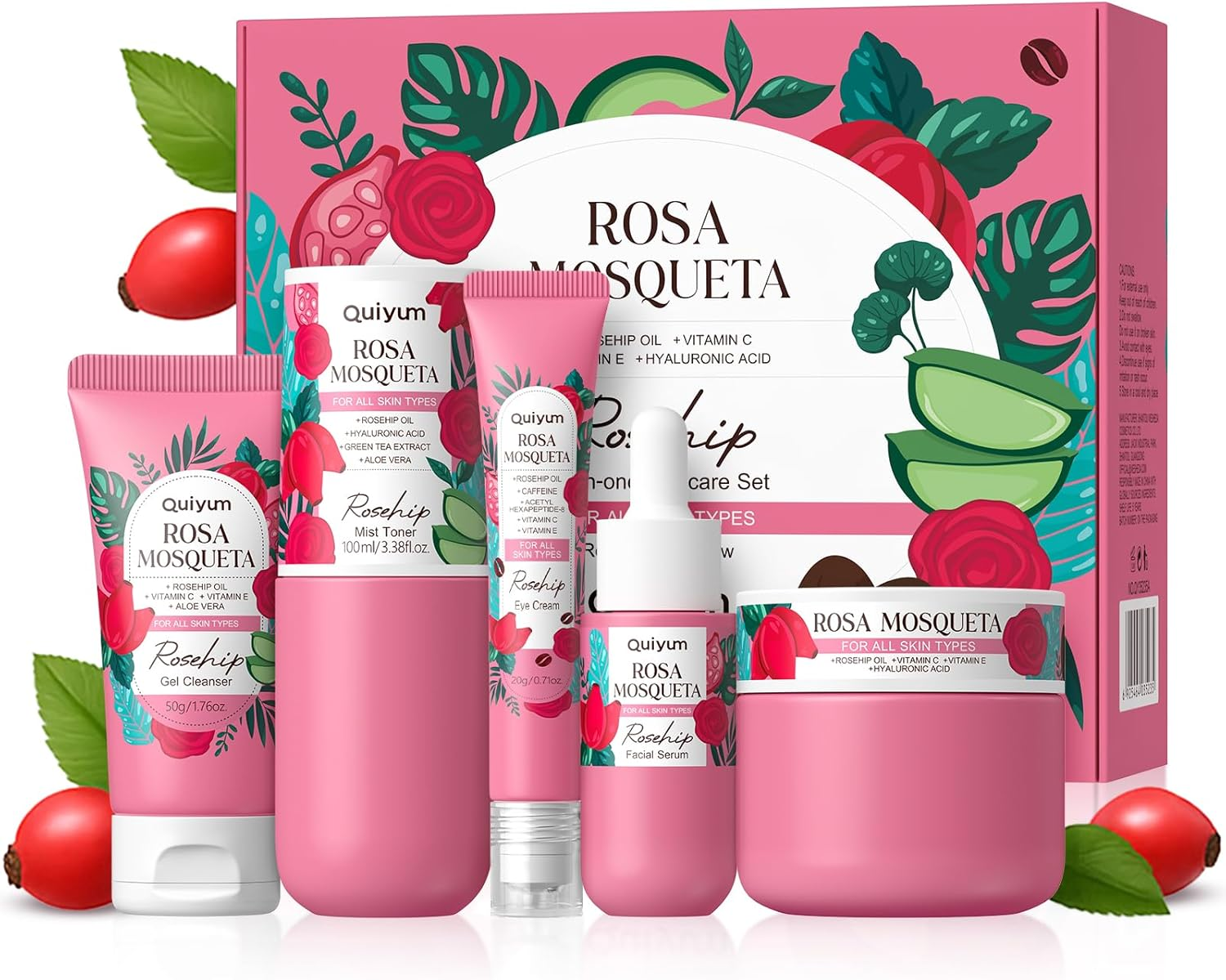 Rosehip Skin Care Set, 5 Daily Routine Beauty Skin Care for Teens 10-12 - Gift Set with Cleanser, Toner, Eye Cream, Cream, Serum, Facial Care Set for Women, Girl,Travel Set, for All Skin Types