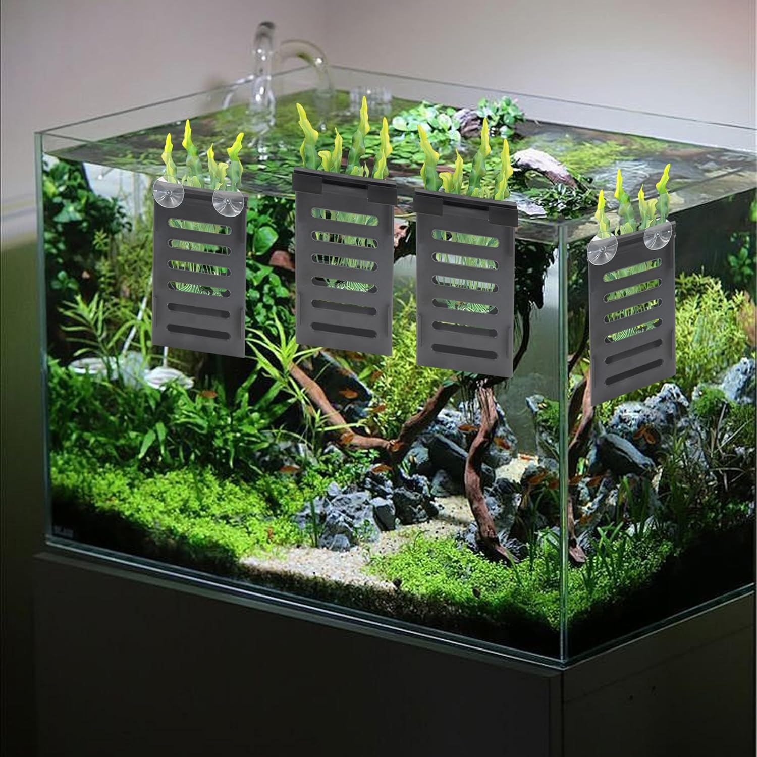 4 PCS Aquarium Plant Holder with 24 Hooks and 8 Suction Cups, Hanging Plant Holder for Fish Tank, Aquatic Plant Pots for Aquarium Decorations Plants, Hanging Aquatic Planter Cups (Black) image number 4