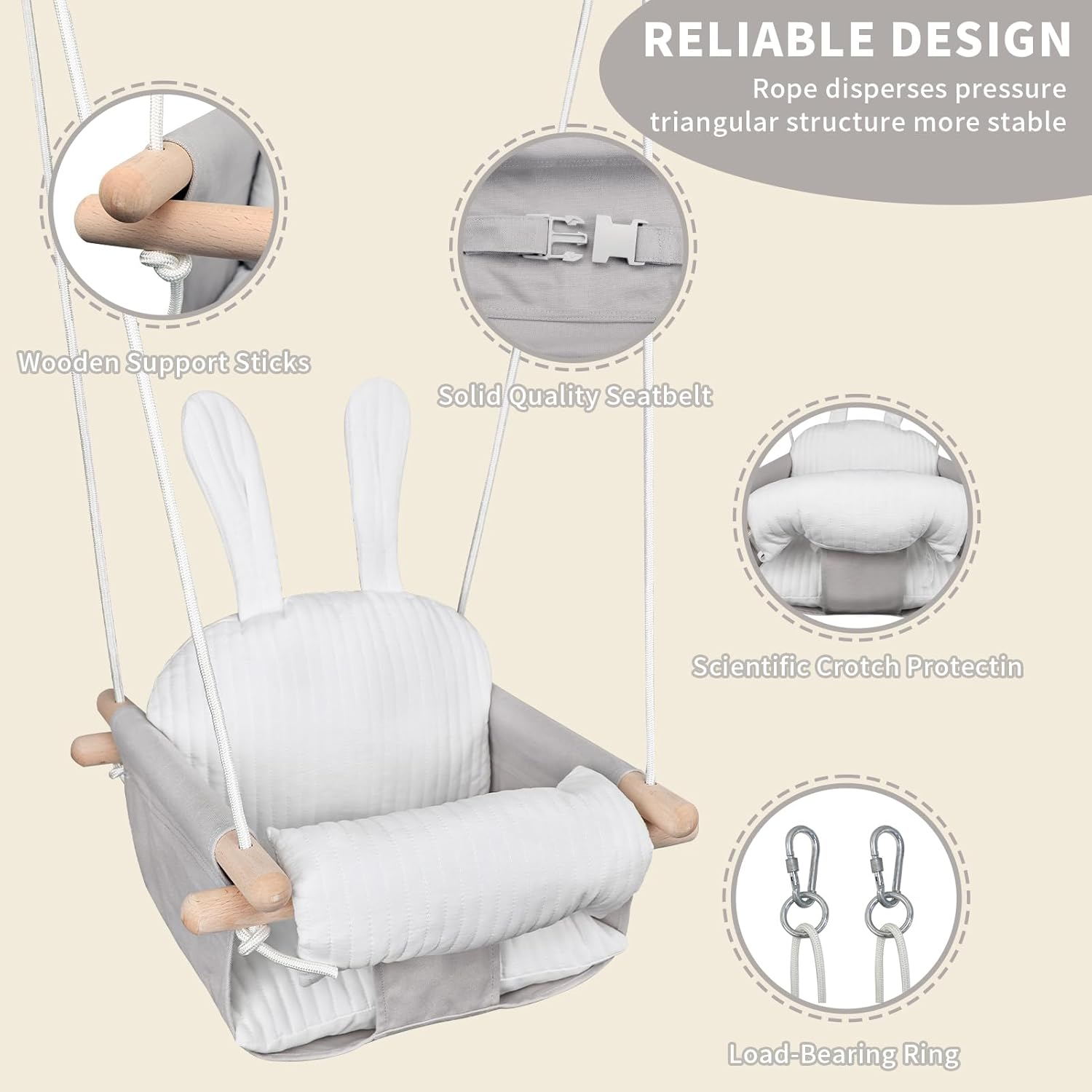 GFU Baby Swing, Canvas Swings for Infants Outdoor Indoor & Indoor, Toddler Swing for Indoors, Secure Wooden Hanging Swing Seat, Hammock for Indoor Playground, Grey Tree Swings or Backyard image number 4