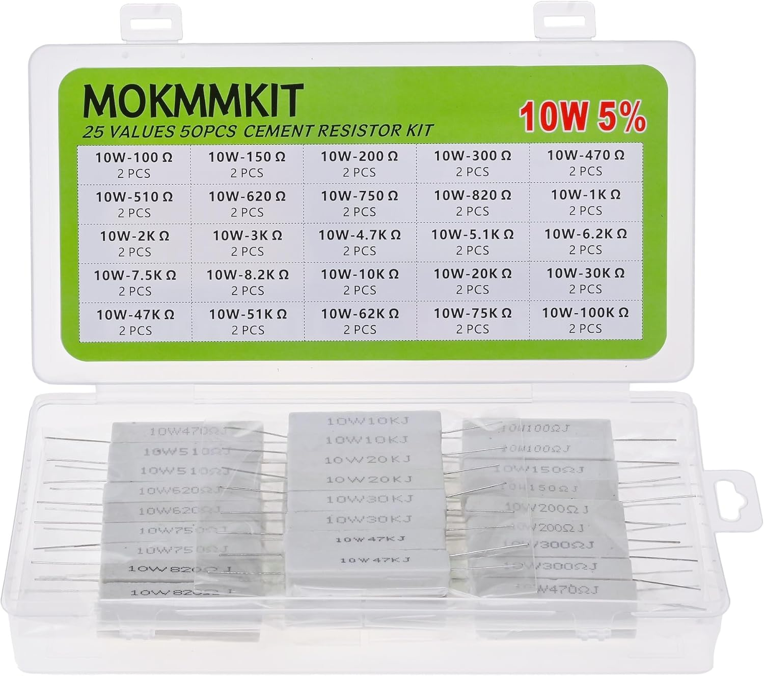 MOKMMKIT 25 Values 50 Pieces Ceramic Cement Resistor KIT 10W Resistance 10 Watt &plusmn;5% Power Resistors (0.05 Ohm - 100 Ohm) image number 3