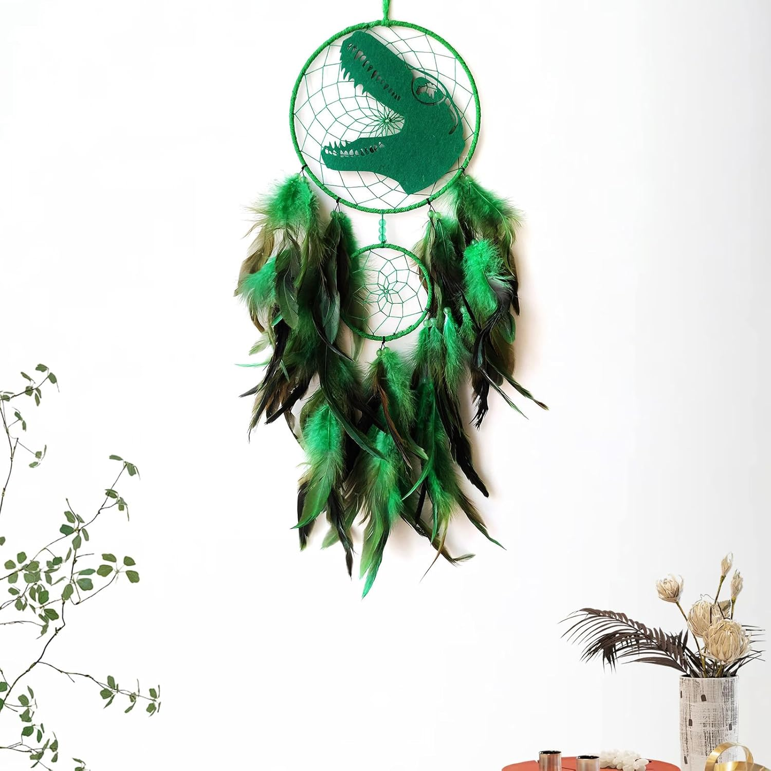Donko Green Large Dream Catcher Wall Decor Dinosaur Dream Catchers Handmade Feather Dreamcatcher Wall Hanging Ornament for Bedroom Living Room Home Decor
