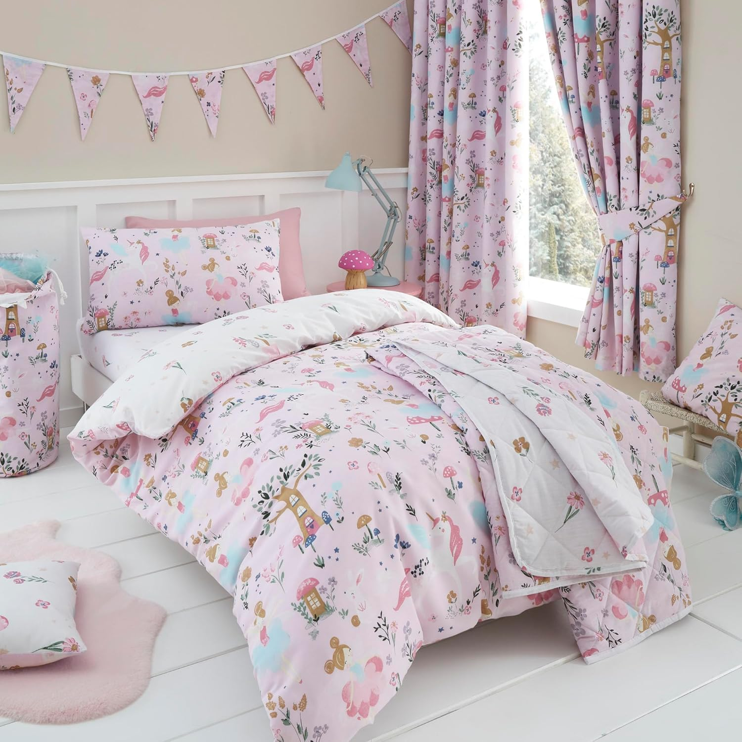 Happy Linen Company Girls Boys Kids Enchanted Forest Unicorn Pink Double Reversible Soft Easy Care Bed Linen Duvet Cover Quilt Bedding Set with Pillow Cases image number 3