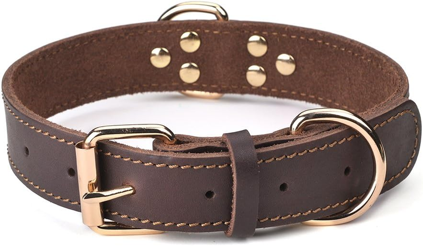 Genuine Leather Heavy Duty Wide Dog Collar, Dual Stitch - Brown (L: 1.2" Wide for 17"-23" Neck, Suitable for Small to Extra Large Dogs)