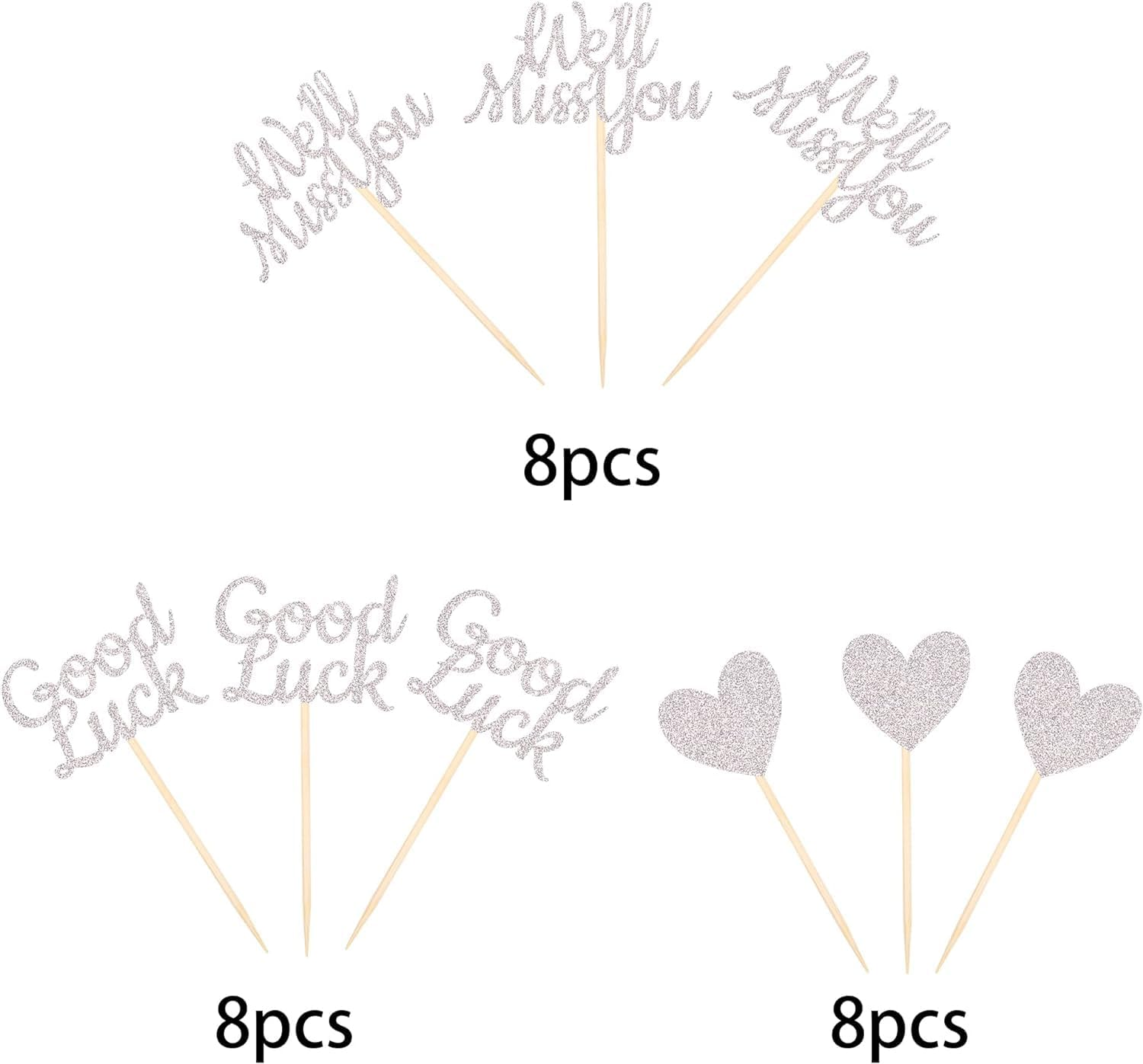 24 Pack We Will Miss You Cupcake Toppers Glitter Red Love Heart Good Luck Cupcake Picks Retirement Theme Going Away Party Cake Decorations (Silver) image number 5