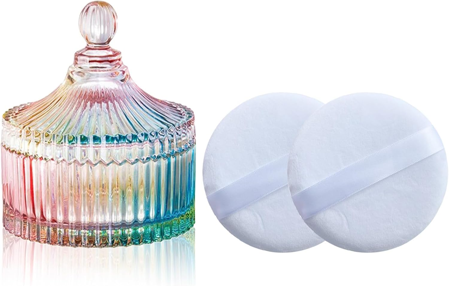 Body Powder Puff and Container, Glass Box for Dust Puff, Powder Applicator with Case for Dusting Powder (Retro)