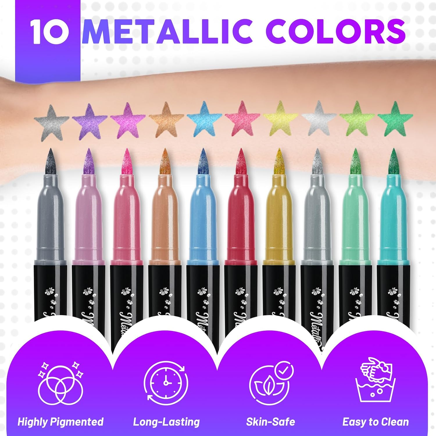 Theast 10 Colors Face Painting Markers, Metallic Glitter Body Paint Pens, Skin Safe Washable Temporary Tattoo Makeup Kits - Ideal for Party, Halloween, Cosplay image number 4