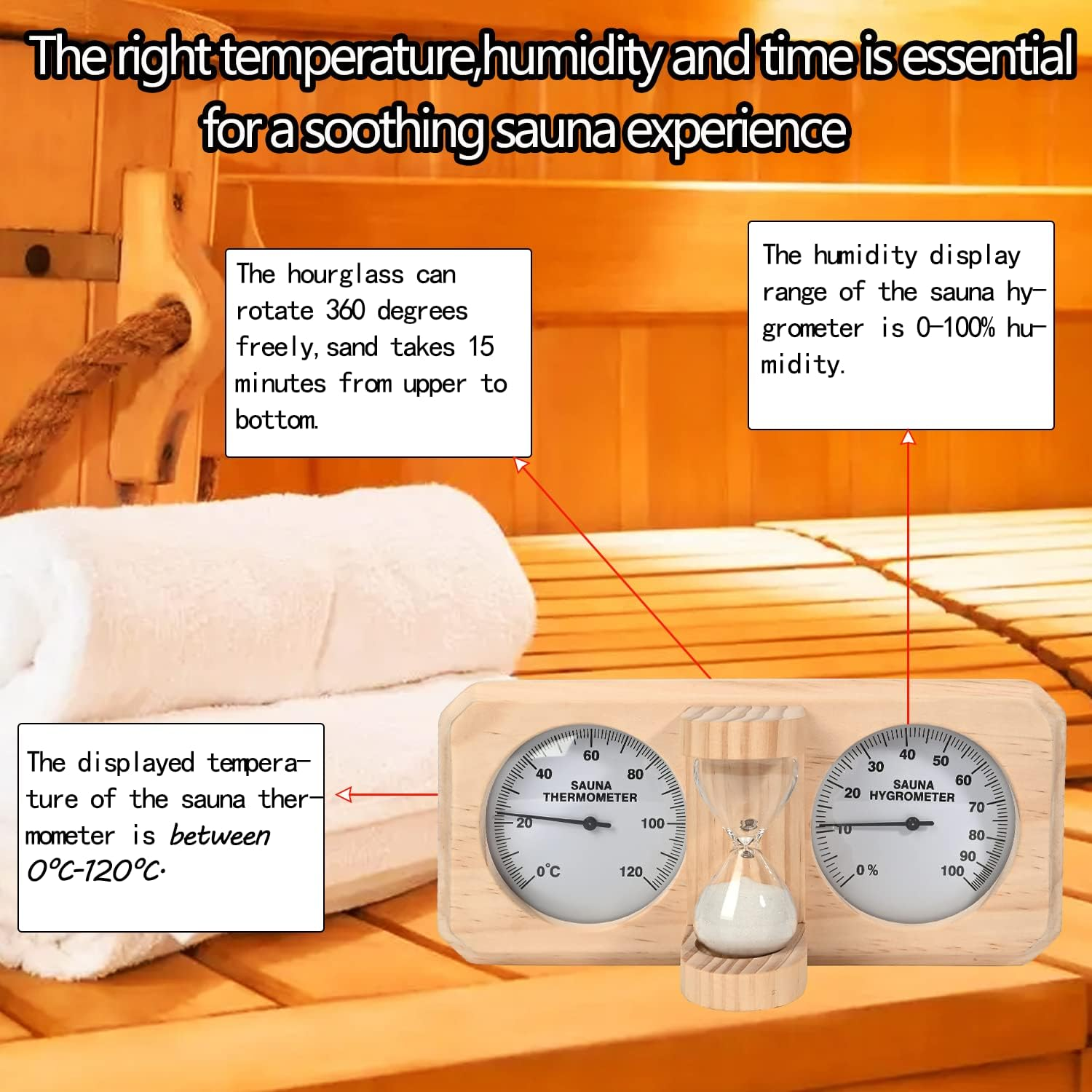 Ikare Sauna Thermometer and Hygrometer - 3 in 1 Wooden Sauna 15 Minute Hourglass Sand Timer, Wall-Mounted Sauna Room Accessories image number 6
