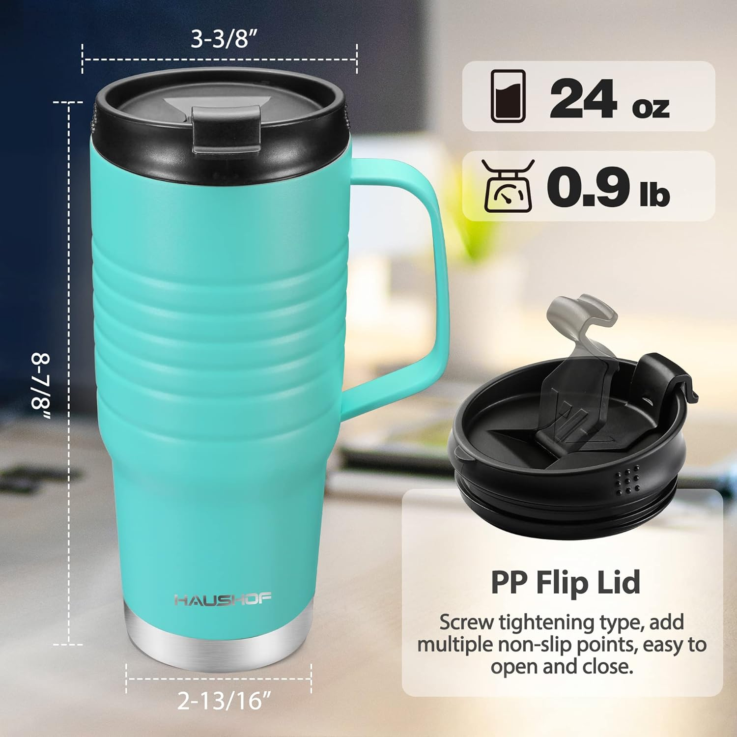 HAUSHOF 710Ml Insulated Coffee Cup with Handle, Stainless Steel Vacuum Insulated Tumbler, Double Wall Travel Mugs with Leakproof Lid, 24 Oz, BPA Free
