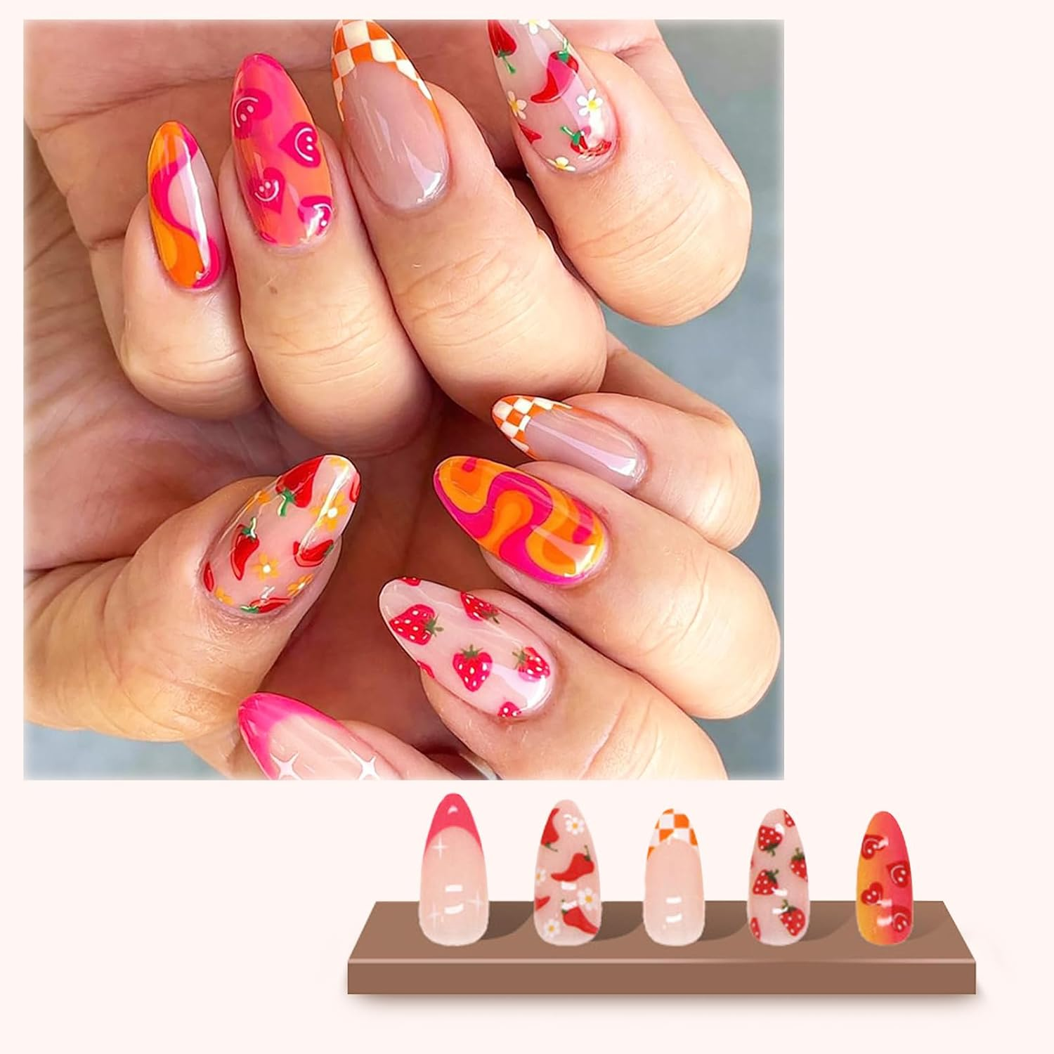 24-Set Press on Nails Almond Medium French Tip Acrylic Fake Nails with Fruit Colorful Swirl Patterns Designs Full Cover Reusable Almond False Nails Set, Nails Stick for Women image number 1