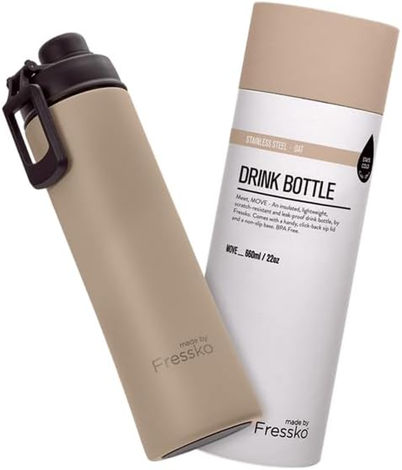 Made by Fressko | Move Wide Mouth Insulated Stainless Steel Water Bottle-Oat | with Sip Lid | 22 Oz 660Ml |Bpa-Free | Leak Proof Lid
