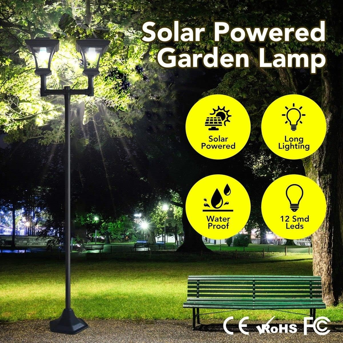 AUSWAY 180Cm Solar Lamp Post Lights Outdoor with Double Lamp, Waterproof Solar Powered Street Lights for Garden, Pathway, Driveway, Front/Back Door, Warm White Solar Post Light, Replaceable Bulb