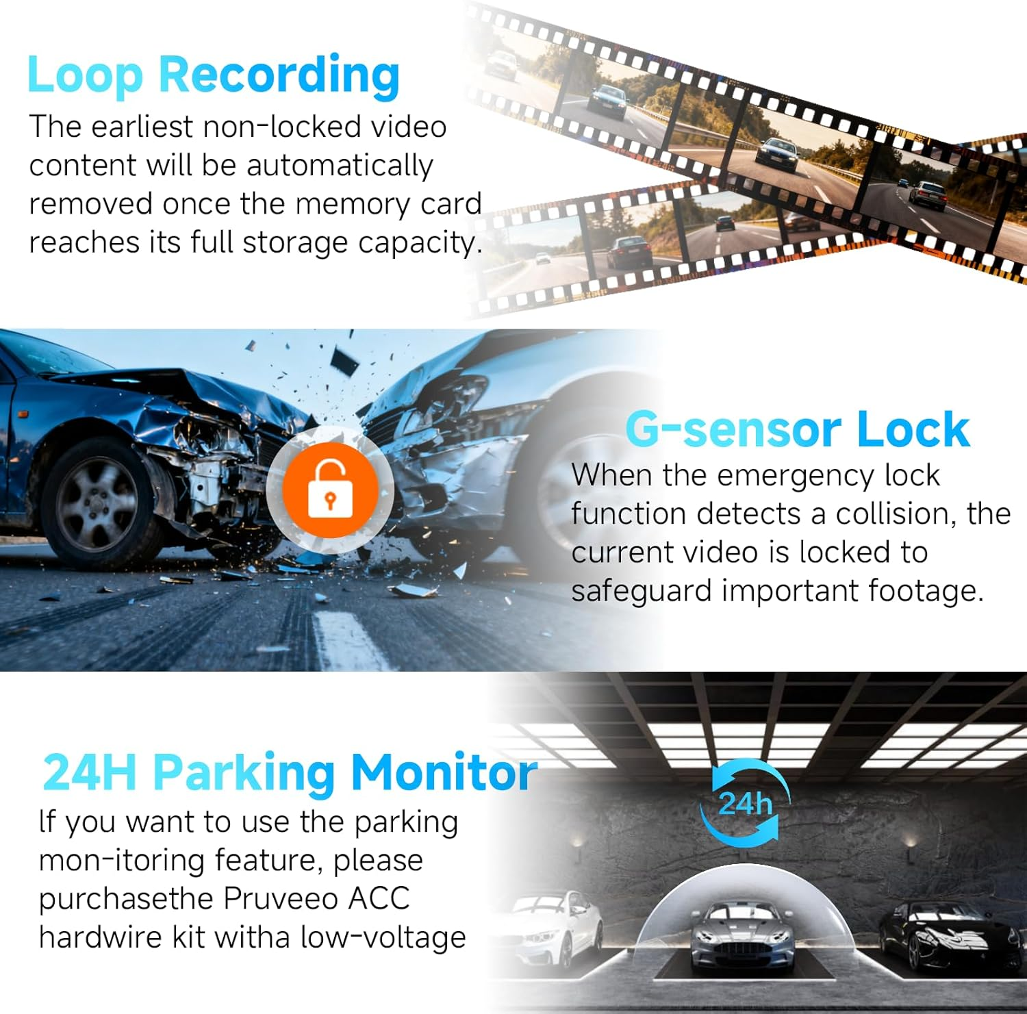 360&deg; View Dash Cam with Front, Inside, Left, Right Recording, 3" Touch Screen, Night Vision, Wi-Fi GPS, 24/7 Parking Mode & 32GB Card​​