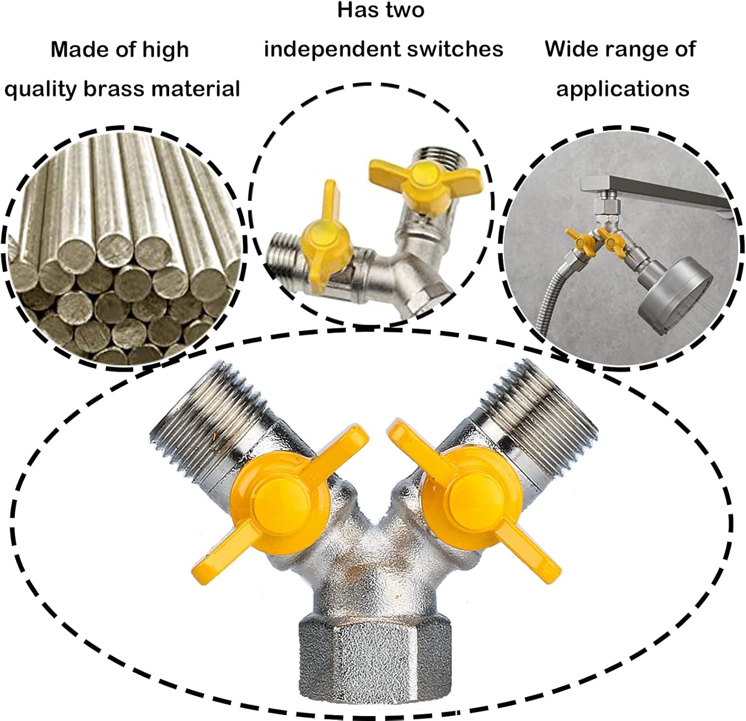 3-Way Y-Splitter Valve, 1/2 Inch Brass Body, Silver, Multi Port Valve, Y Valve, Garden Hose, Washing Machine, Water Tank, Water Filter, Shower