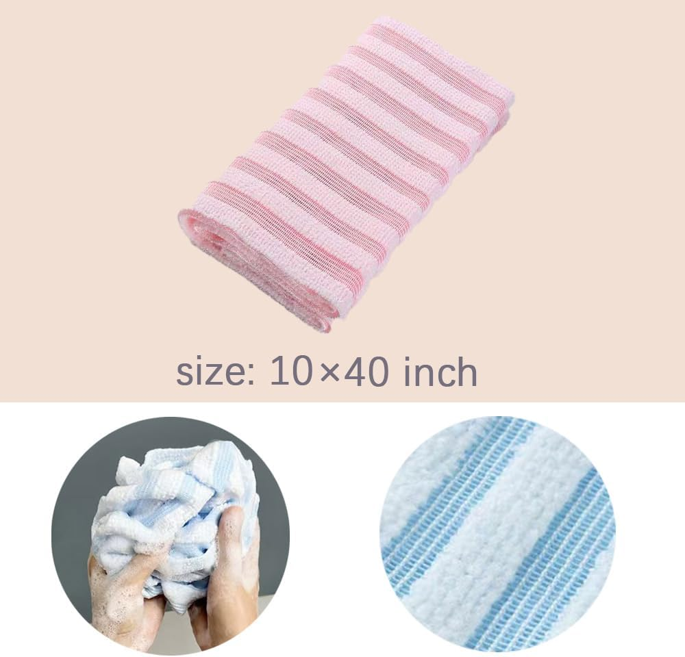Exfoliating Body Scrubber，2 Pack Back Scrubber for Shower Bath, Japanese Scrub Wash Cloth, Exfoliating Washcloth Towel for Men Women, Body Exfoliator Loofah Luffa Sponge Net Rag Back Washer (Pink & Blue)