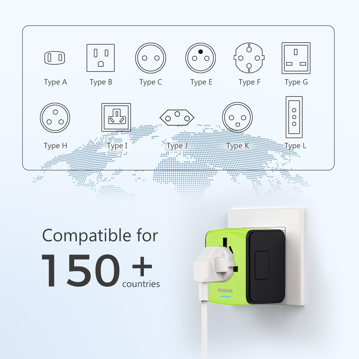 Travel Adapter, Universal International Power Adapter with 3USB Port and Type-C International Wall Charger Worldwide AC Power Plug for Multi-Nation Travel UK, EU, AU over 200 Countries (Green) - Black image number 2