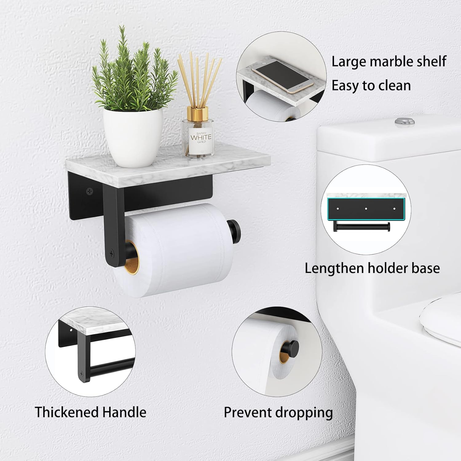 Gypie Marble Toilet Paper Holder with Shelf, 304 Stainless Steel Screw Wall Mounted, Tissue Roll Holder for Bathroom Washroom Matte Black image number 5