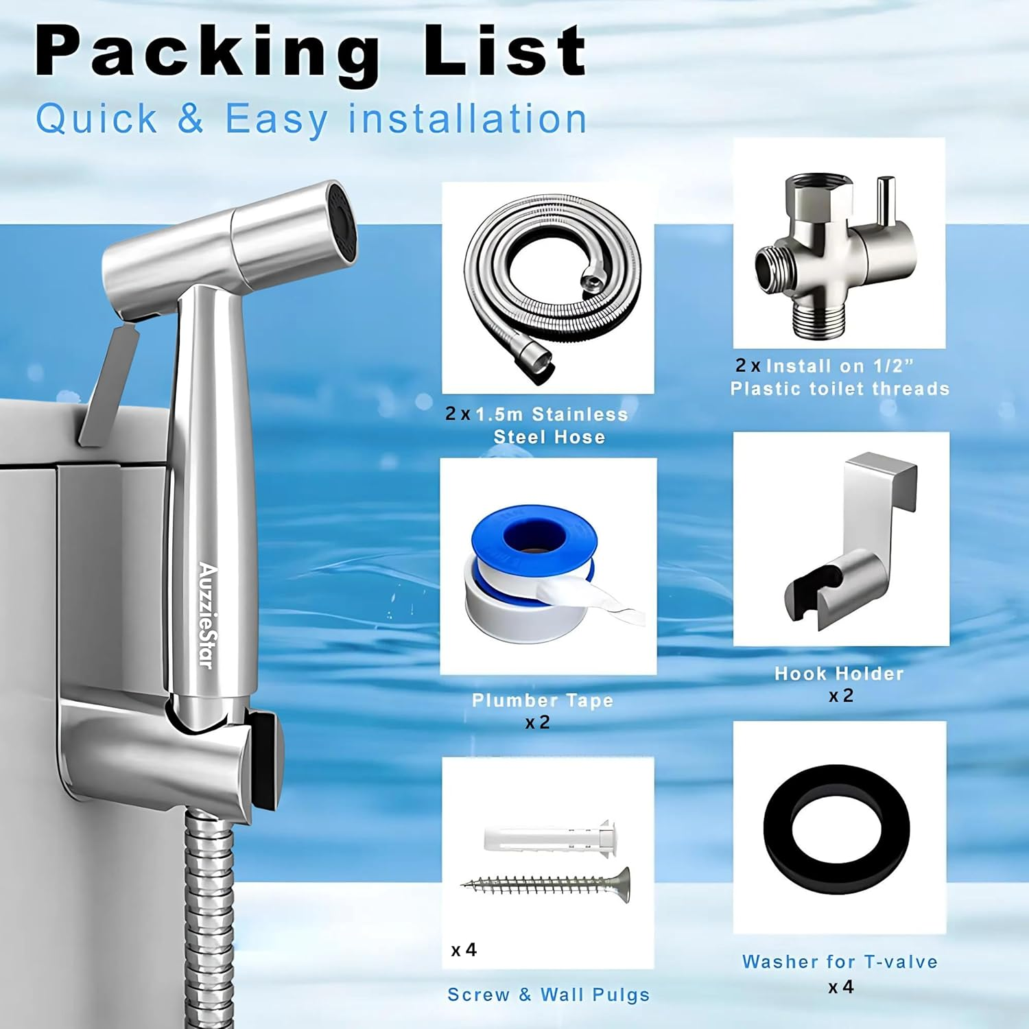 Toilet Bidet Spray Set (Pack of 2) - Auzziestar Premium Stainless Steel Bidet Toilet Spray with 150Cm Leakproof Hose for Personal Hygiene, 100% Fit for All Australian Toilets image number 2