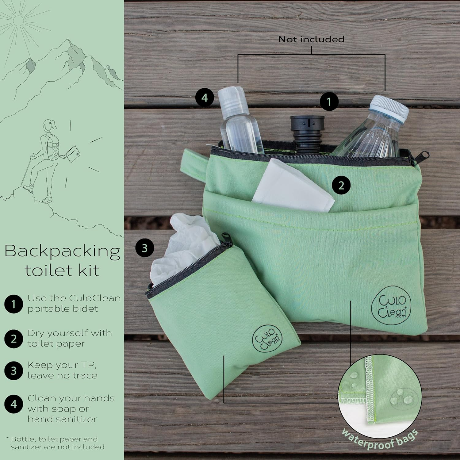 Culoclean Hygiene Bag for Hiking + Portable Travel Bidet. Personal Hygiene Kit for Hikers, Leave No Trace (LNT) While Hiking in the Countryside.