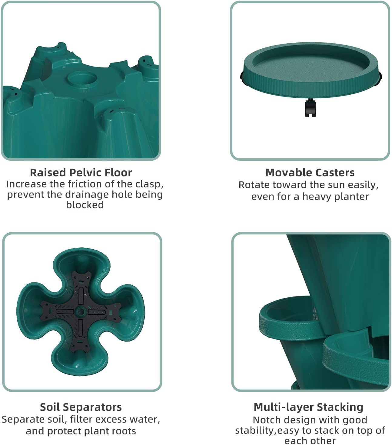 Strawberry Stacking Planters, Vertical Garden Tower, 3 Tiered Stackable Herb Vegetable Planters with Movable Casters and Bottom Saucer Indoor and Outdoor - Hunter Green image number 6