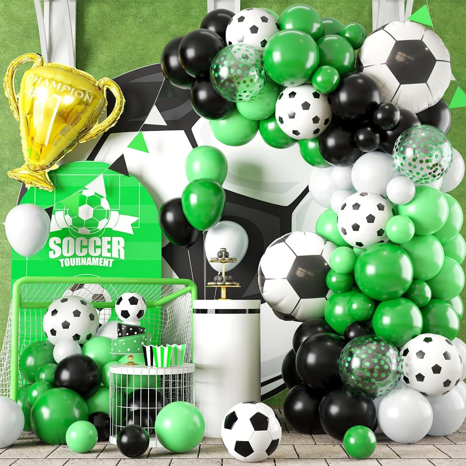 Soccer Balloon Arch Garland Kit 121 Pcs, Green Black White Confetti Balloons Decorations with Soccer Champion Cup Foil Balloons for Men Teen Kids Soccer Football Theme Birthday Party Decor Supplies image number 4