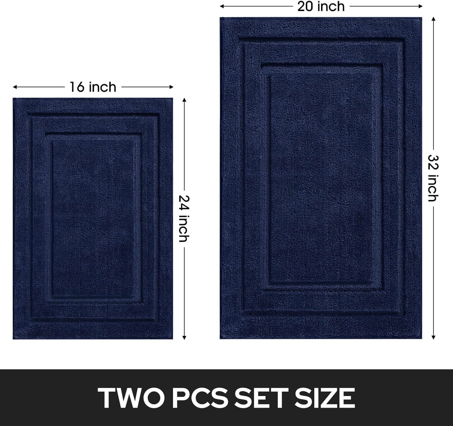 HOMEIDEAS Bathroom Rugs Sets 2 Piece, Super Soft and Absorbent Non Slip Microfiber Machine Washable Bath Mat Set (20" X 32" + 16" X 24", Navy Blue)
