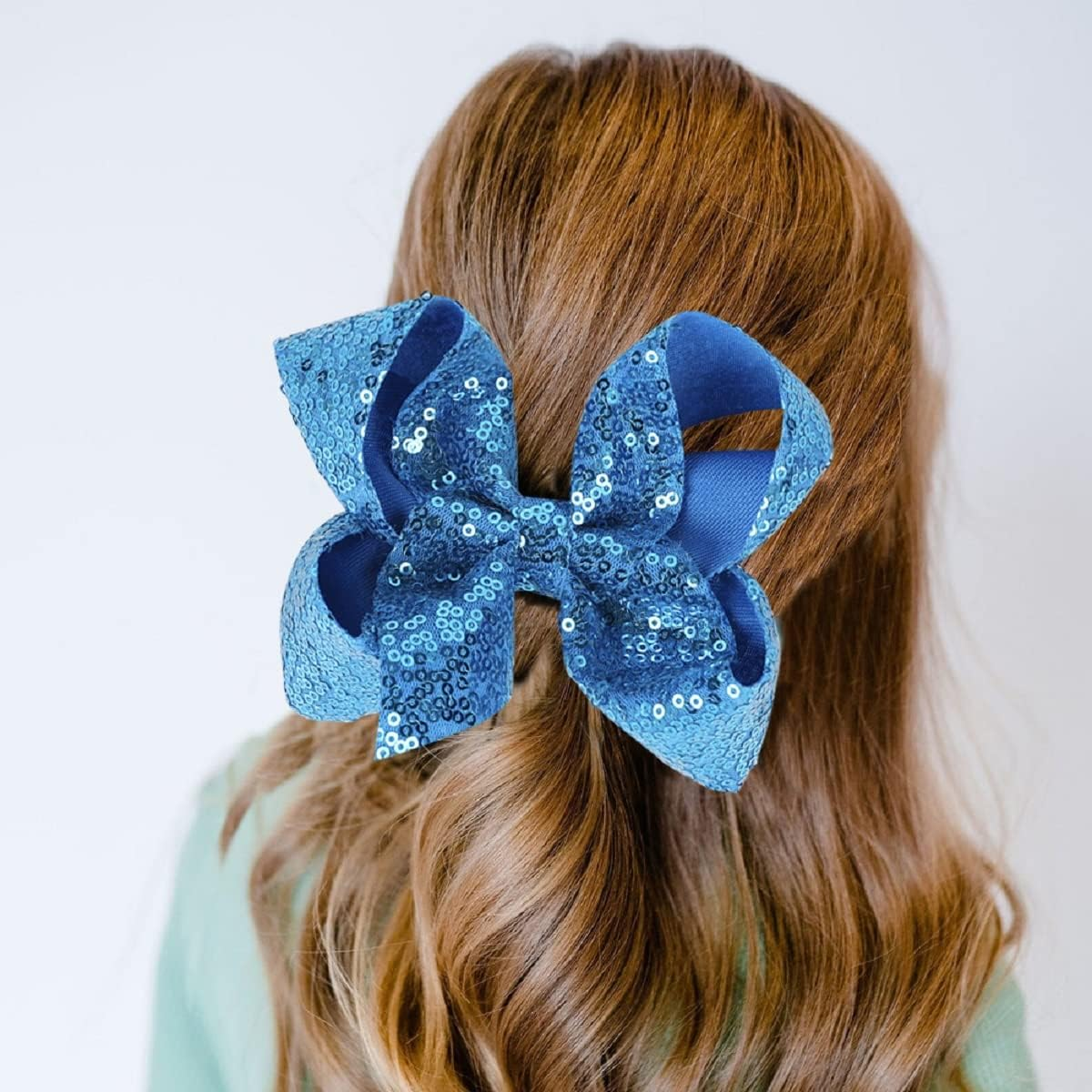 6 Inch Blue Sparkly Glitter Sequin Hair Bows for Girls Toddlers Kids Children Teenage (2PCS) image number 4
