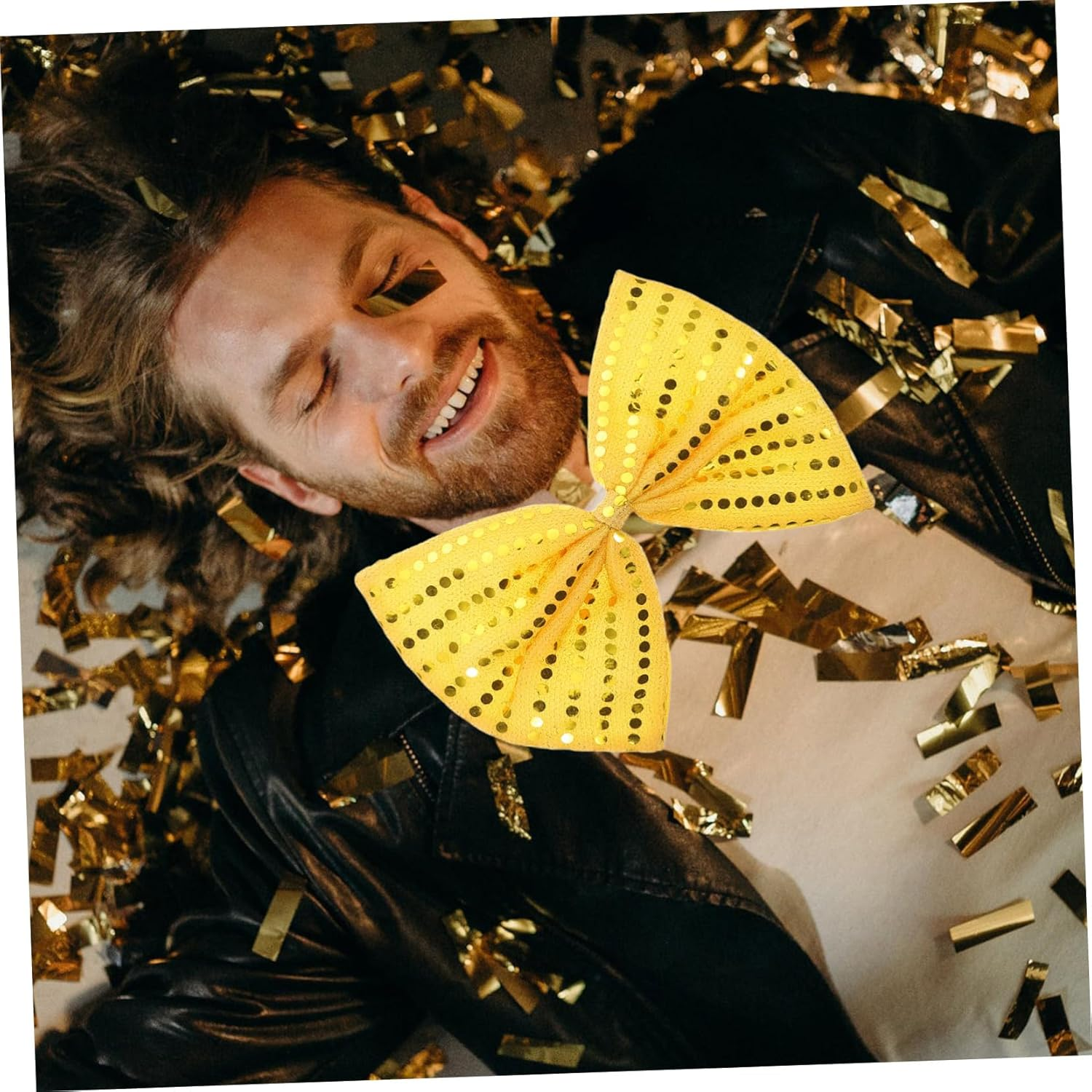 JEWEDECO Sparkly Oversized Sequin Bow Tie for Men Pre Tied Large Glitter Bowknot Accessory for Masquerade Carnival Holiday Parties Theatrical Performances - Golden image number 3