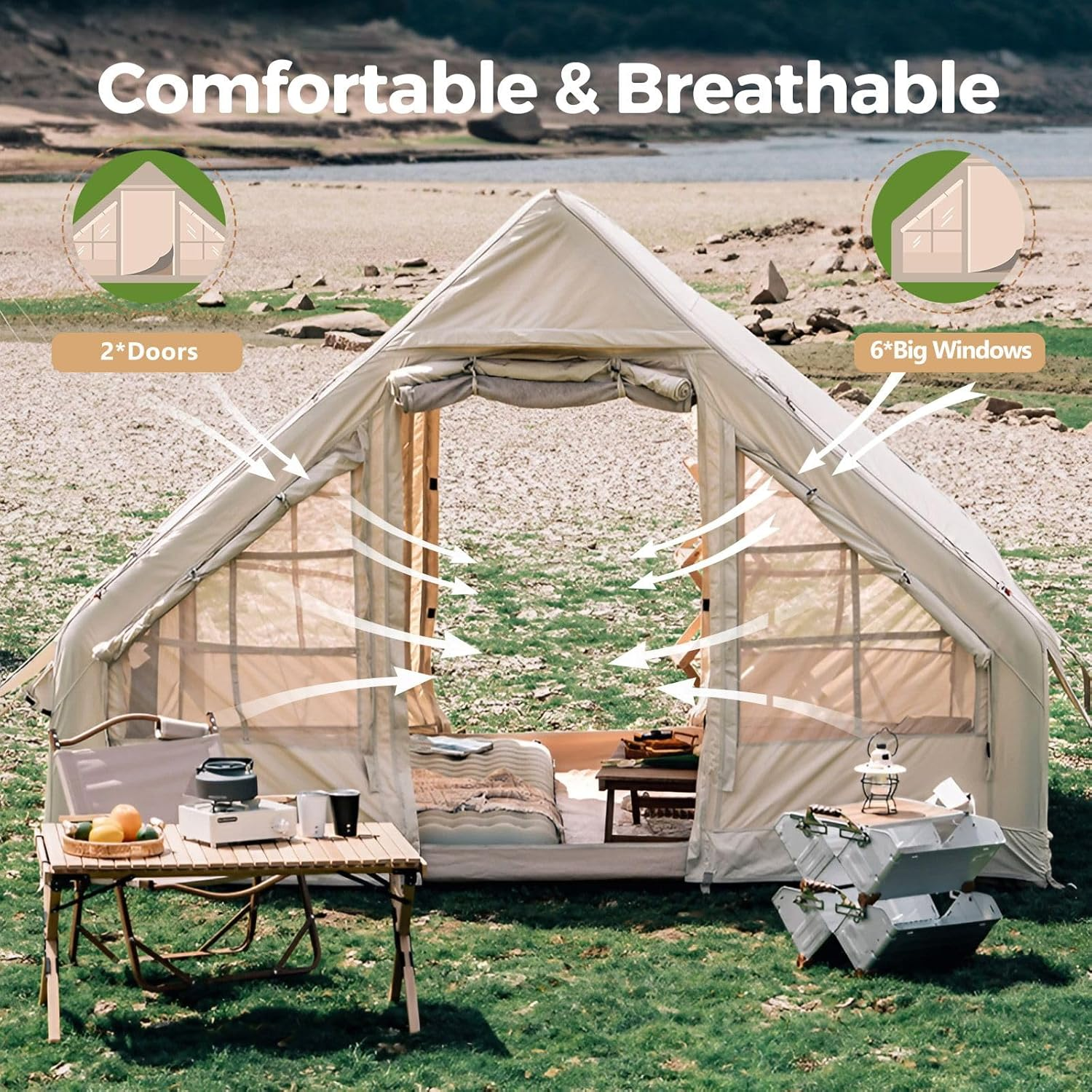 Inflatable Camping Tents with Pump, Air Glamping Tents, Easy Setup Waterproof and Windproof Blow up Tent, 4 Seasons Oxford Cabin Tent with Mesh & Chimney Window.