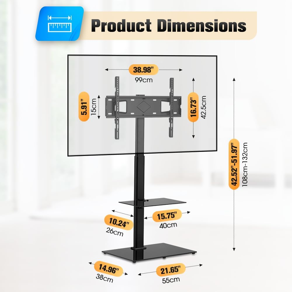 ZUNI Universal TV Stand with Laptop Shelf, Floor TV Stand for 32-65 Inch LCD LED OLED Tvs up to 40Kg, 50 Degree Swivel Height Adjustable for Bedroom, Dorm Room, Office, Max VESA 600X400