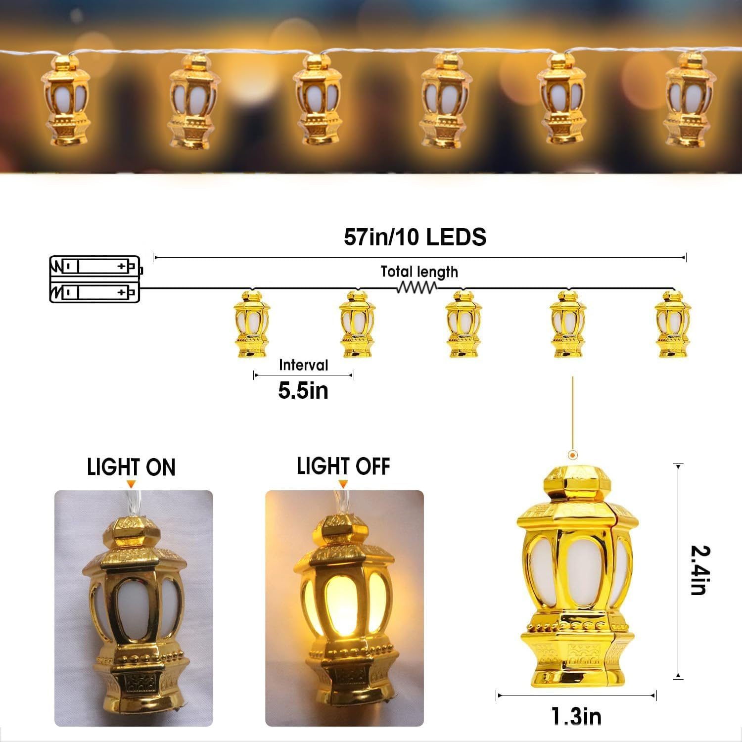 CHINS Ramadan String Lights Decorations Indoor Outdoor - 5.4Ft 10 Leds Mubarak Lslam Lights Eid Mubarak Ramadan Decorations for Home Garden Patio (Not Include Battery)