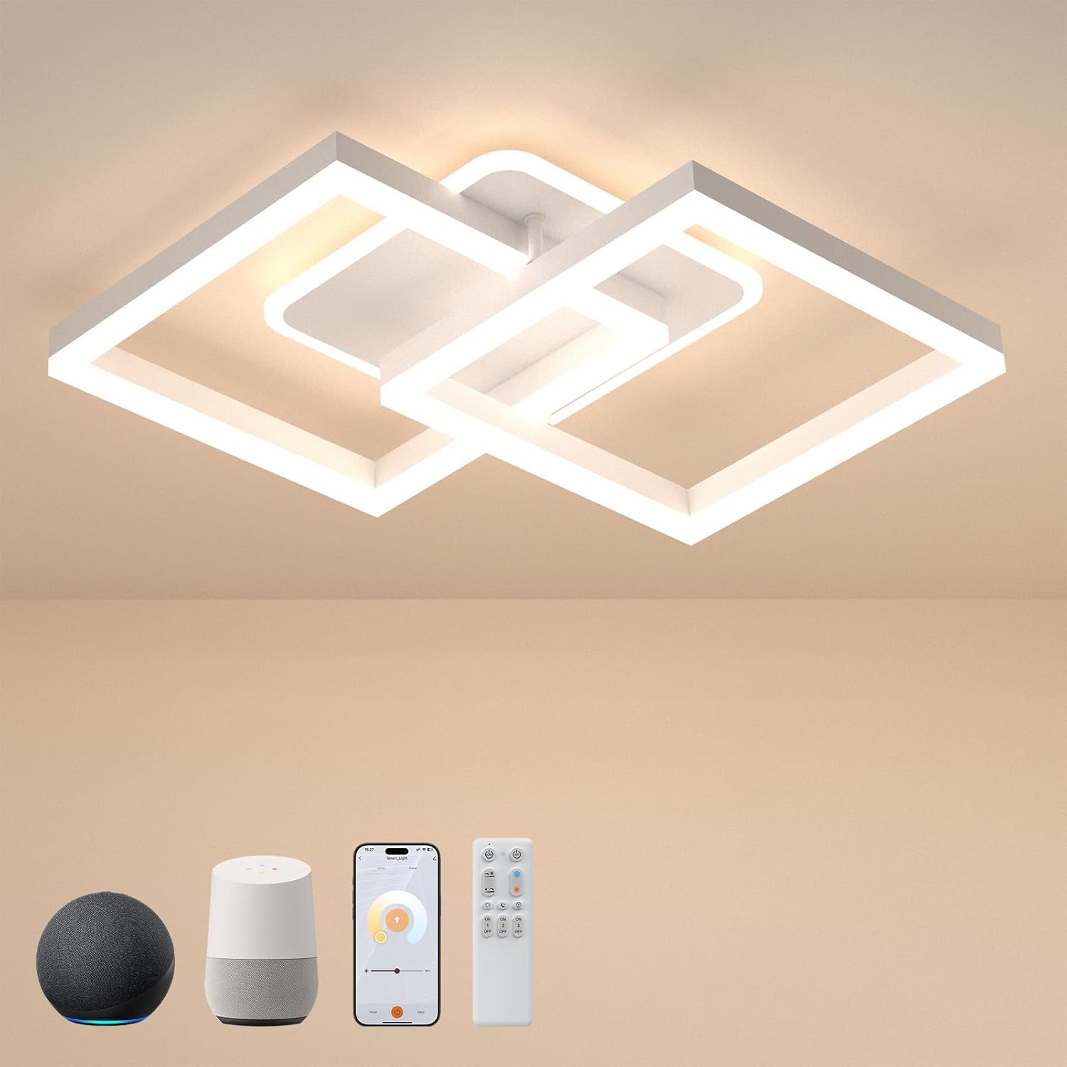 40W LED Ceiling Light, Compatible with Alexa, APP Control, Remote Control, Dimmable Ceiling Light 3000K-6500K, with Night Light Memory Function for Living Room, Dining Room, Bedroom (White)