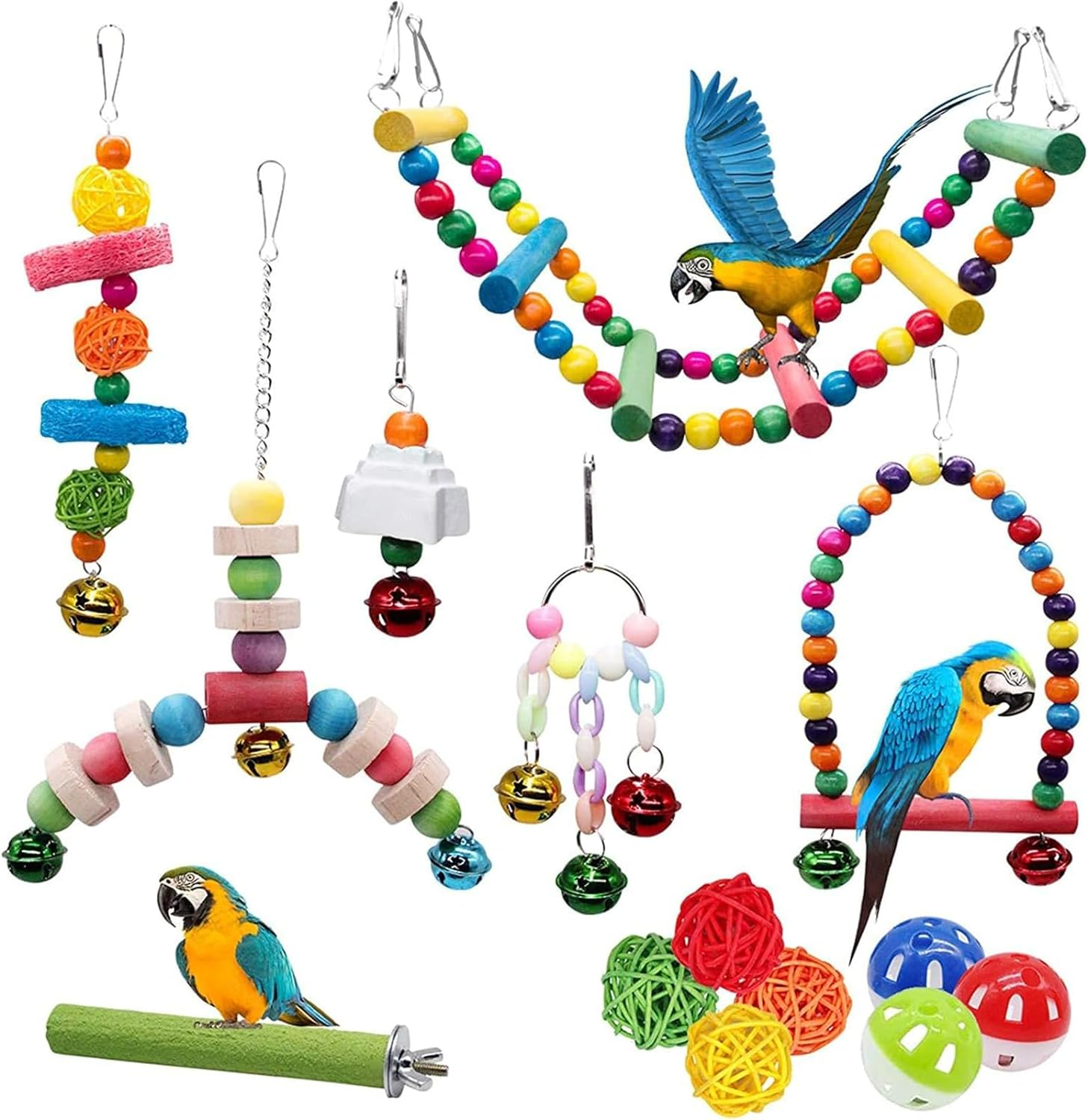 Bird Sw-Ing Chewing Toys, 14Packs Brightly Colored and Sturdy Parrot Hammock Bell Toys,Parrot Cage Toy Bird Per-Ch with Wood Beads Hanging for Small Parakeets, Finches,Budgie, Love Birds,Canaries image number 5