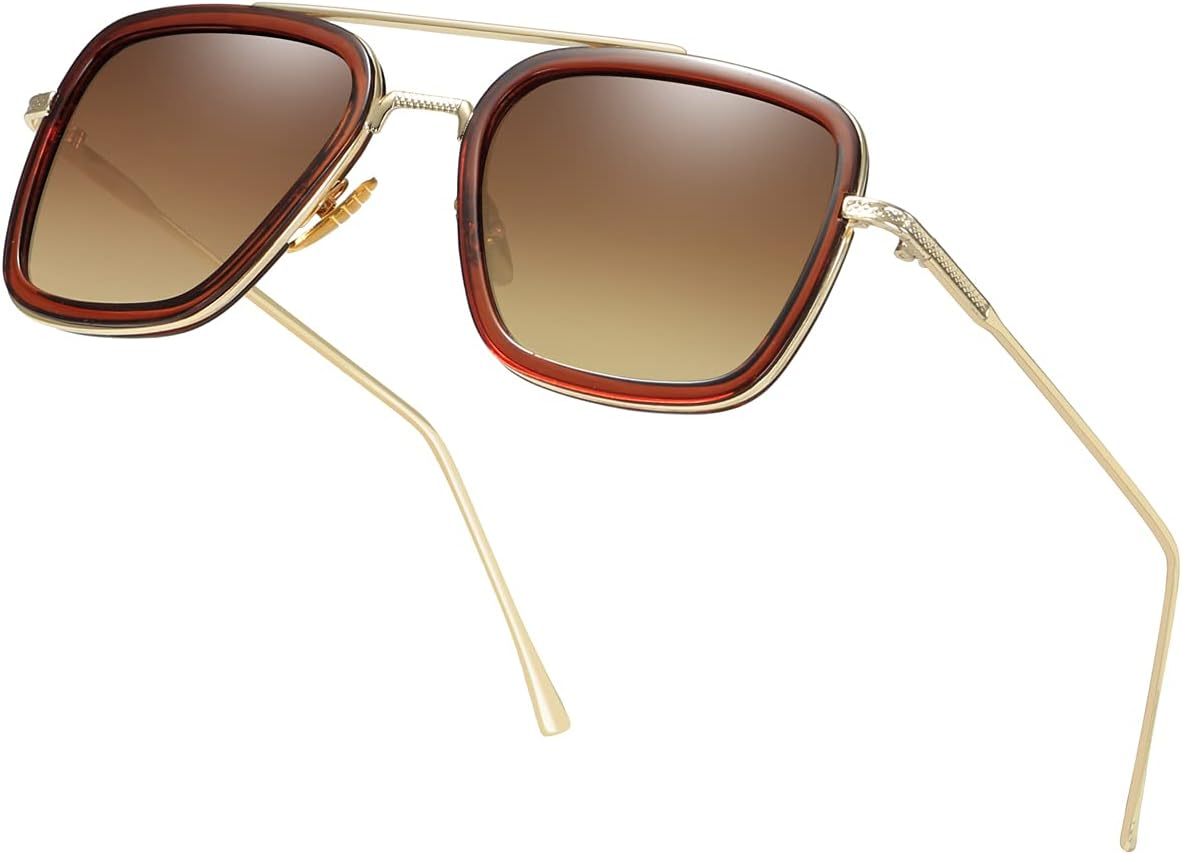 Aisswzber Tony Stark Sunglasses Vintage Square Metal Frame for Men Women -Iron Man and Spider-Man Vintage Sun Glasses