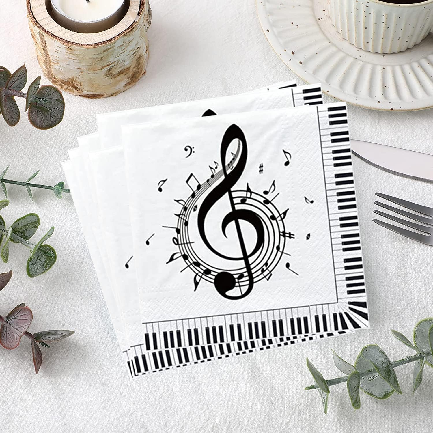 100Pcs Music Note Napkins Notes Party Supplies Disposable Musical Cocktail Luncheon Dinner Napkin for Themed Karaoke Birthday Decorations, Black & White image number 4