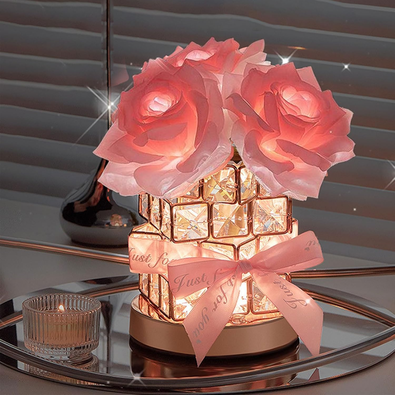 Crystal Table Lamp, Rechargeable Cordless Rose Light 3 Colors Dimmable Flower Lamp, Romantic LED Rose Diamond Lamp for Bedroom Pink Room Decor, for Valentine Birthday Christmas Thanksgiving (Pink) image number 4