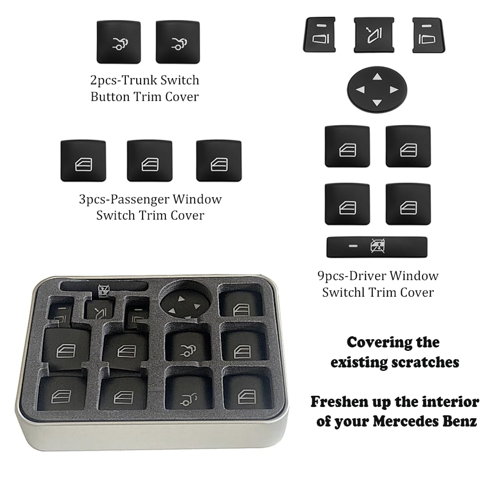 14 Pcs Window Glass Lift Button Trim Cover Interior Door Power Window Switch Button Cover Fit for Mercedes Benz a (W176) / B(W246) / C(W204) / E(W212) / GL/ML/CLA/GLA/GLE/GLK Class (Black) - Black image number 6