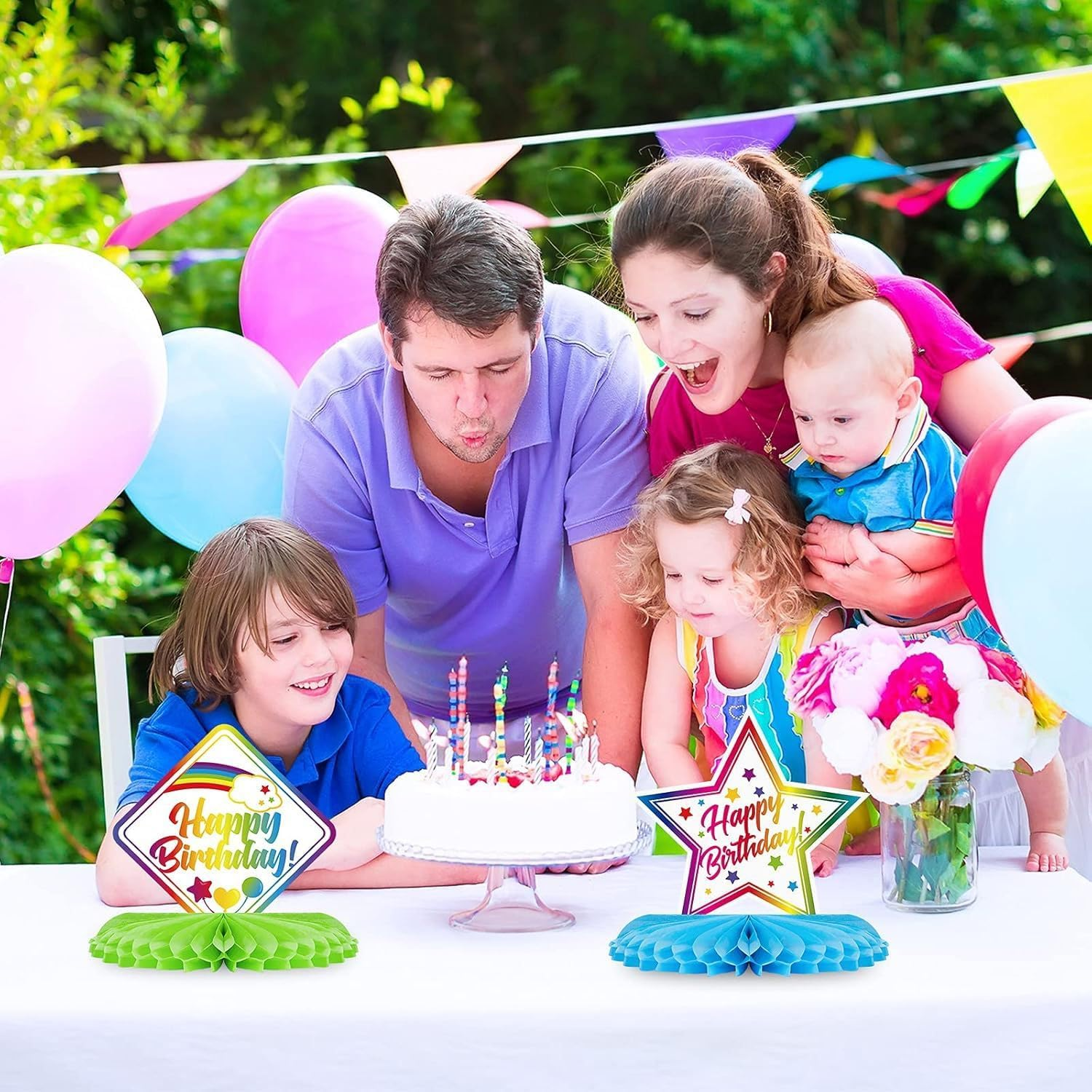 Happy Birthday Honeycomb Table Decorations, Rainbow Colours, Party Centrepieces, 6 Pieces