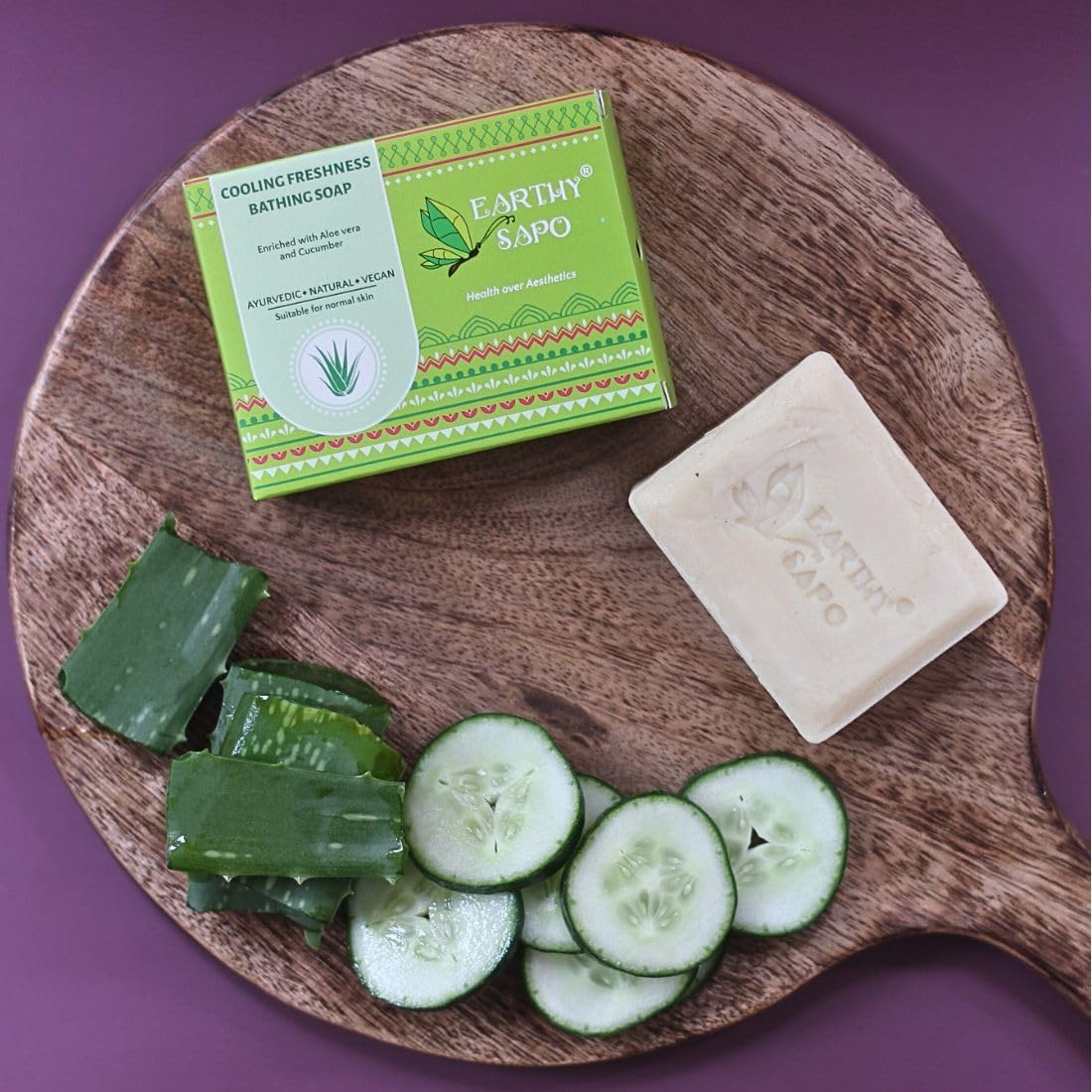 Earthy Sapo Handmade Cooling Freshness Bathing Soap (Alovera, Cucumber Soap), 100G image number 5