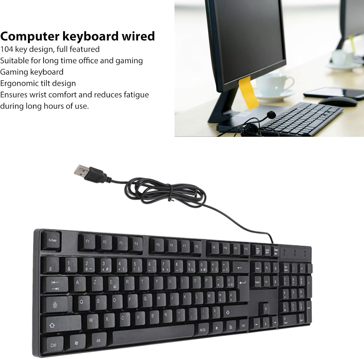 AZERTY Keyboard, French AZERTY Layout Keyboard, 104 Keys USB Wired Keyboard with 4.9Ft Cable, Slim Keyboard for Desktop Laptop Computer image number 4