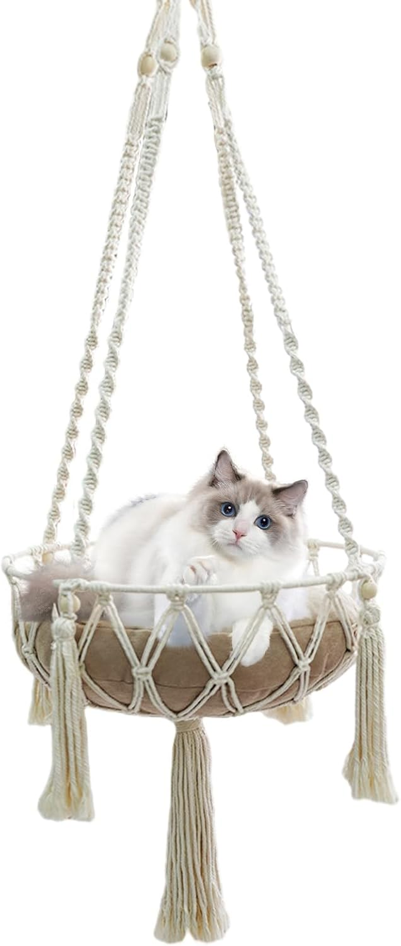 NCONCO Hand Knitted Hanging Cat Hammock Macrame Cat Hanging Bed Cat Basket Bed for Indoor and Outdoor Playing, Sleeping, Climbing (White) image number 3