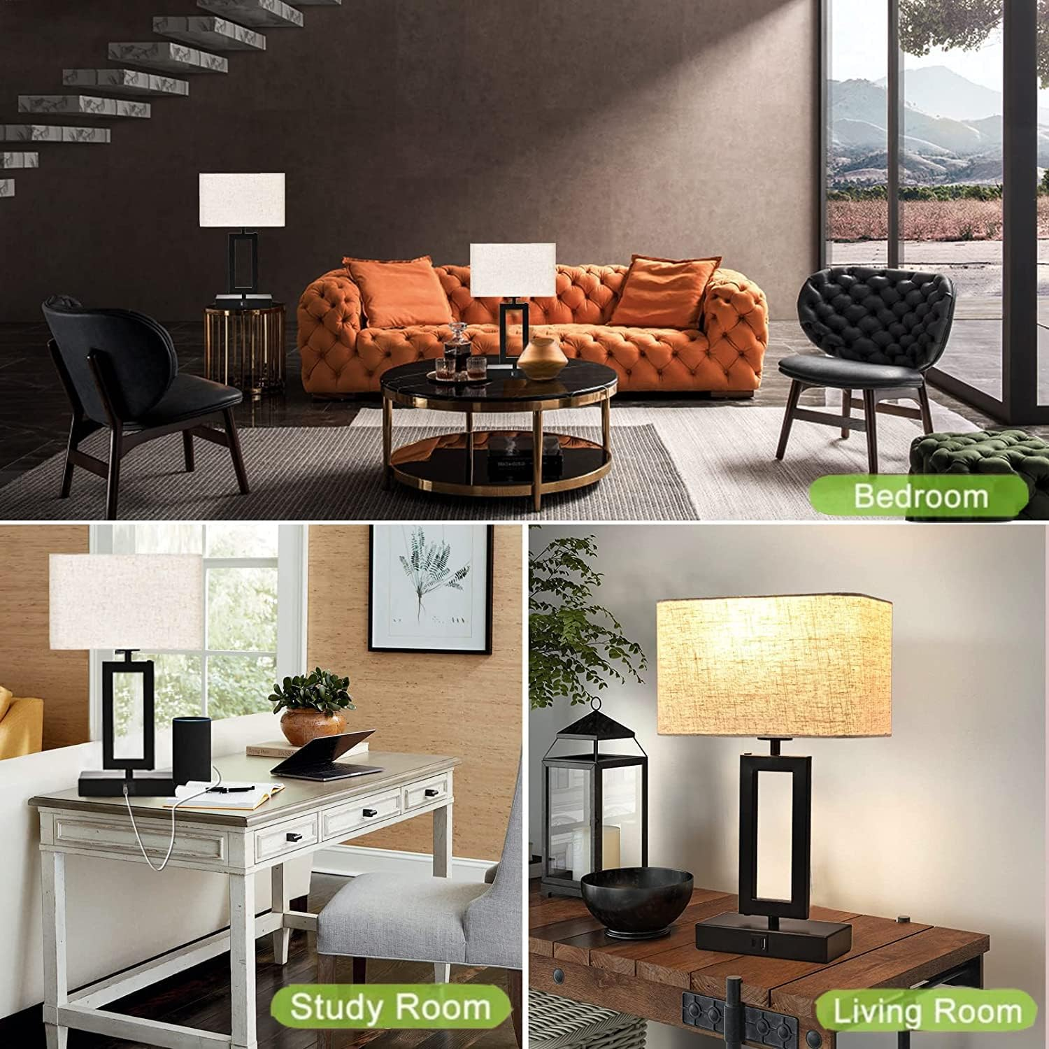 Set of 2 Touch Control Table Lamps for Bedroom: Dimmable Bedside Lamp with USB A/C Ports - Fabric Shade Modern Nightstand Lamp image number 3