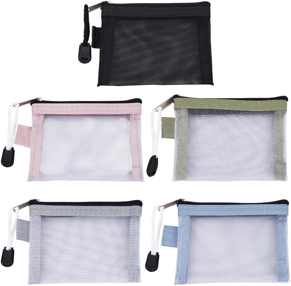 SOFPLATE 5Pcs 5 Colors 3 X 4.5 Inch Mini Zipper Mesh Bags Cosmetic Mesh Pouch Travel Nylon Portable Makeup Toiletry Bag Organizer Key Card Holder for Purse Home Office Lipstick Brushes Coin Women image number 2