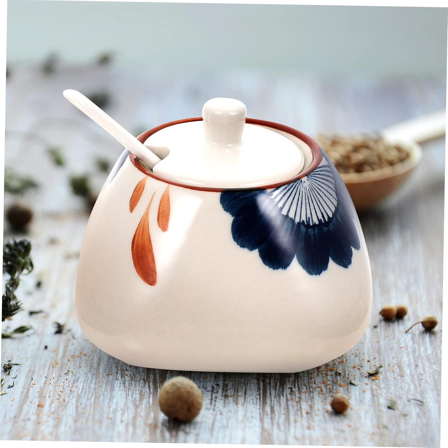 HAKIDZEL Ceramic Storage Jar and Sauce Canister 300Ml Japanese Style Porcelain with Spoon Sturdy Kitchen Condiment Container for Home Cooking and Dining image number 4