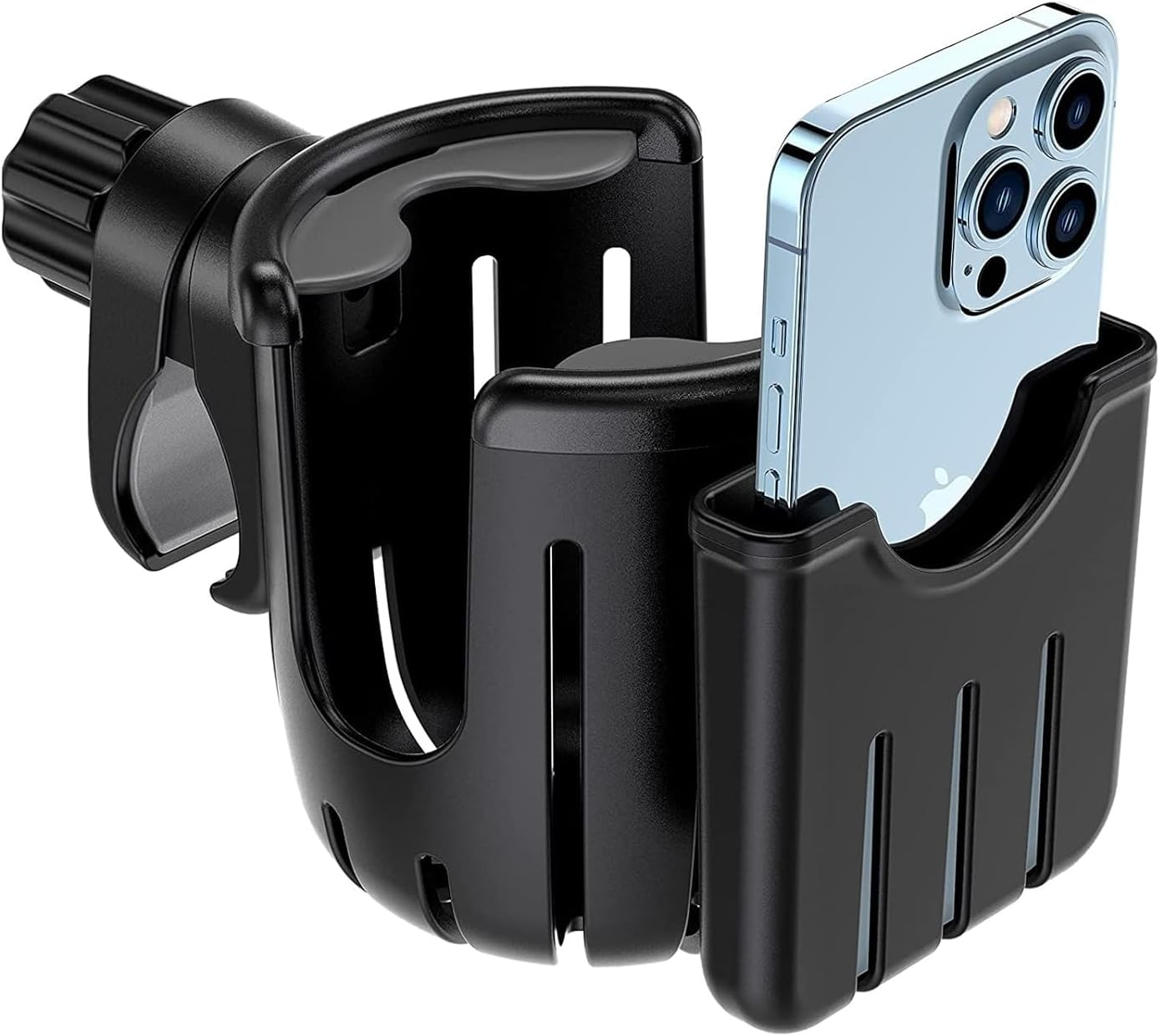 Universal Stroller Cup Holder with Phone Holder, Bike Cup Holder, 2-In-1 Cup Phone Drinks Holder Organizer for Stroller Accessories, Bicycle, Wheelchair, Walker, Scooter - Easy to Install and Remove image number 2