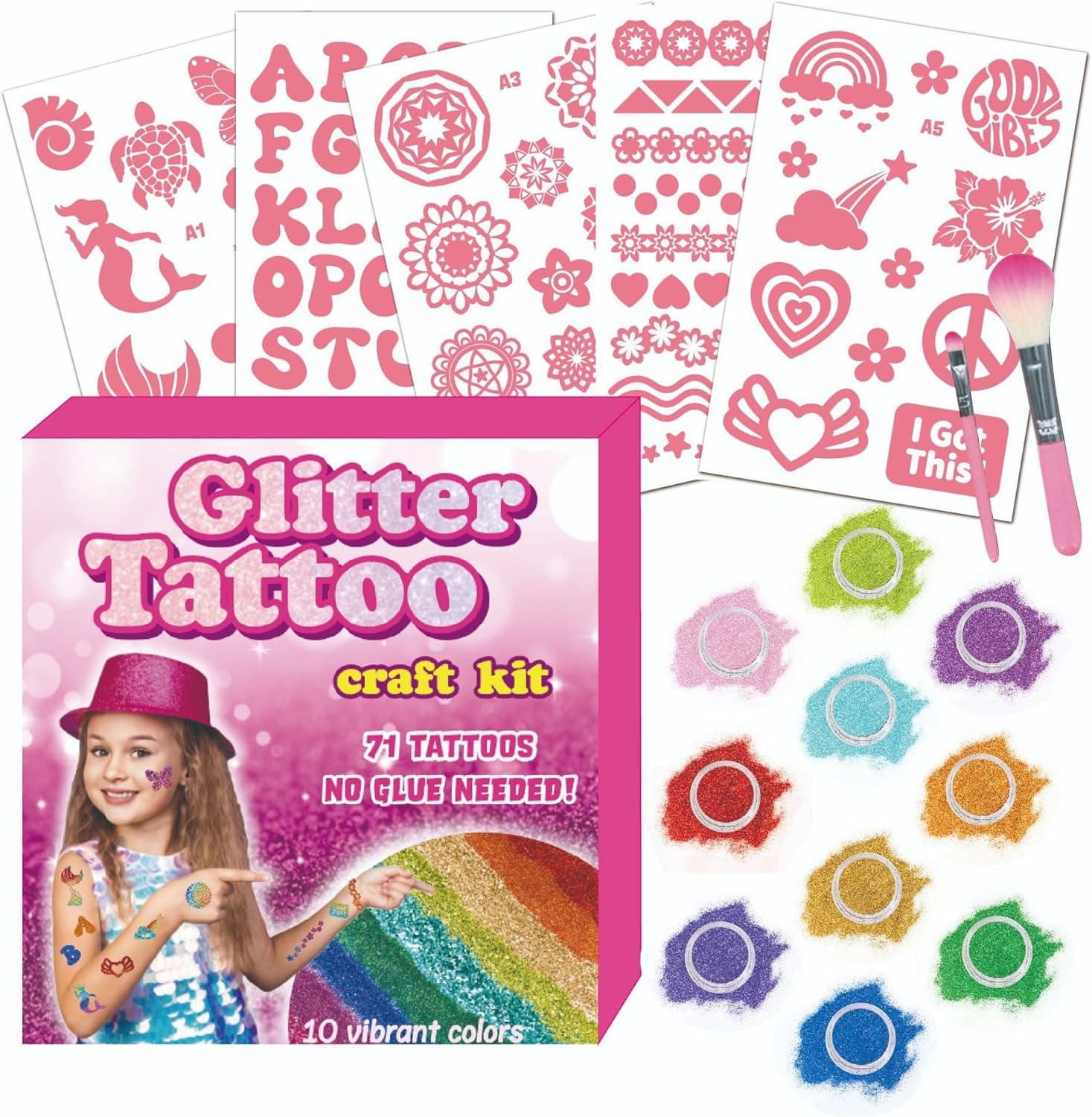 Temporary Glitter Tattoo Kit for Kids, 10 Colors, with 71 Stencils,2 Brushes, Body Glitter Make up Kit, for Cosplay, Birthday Party, Festival (BLUE)