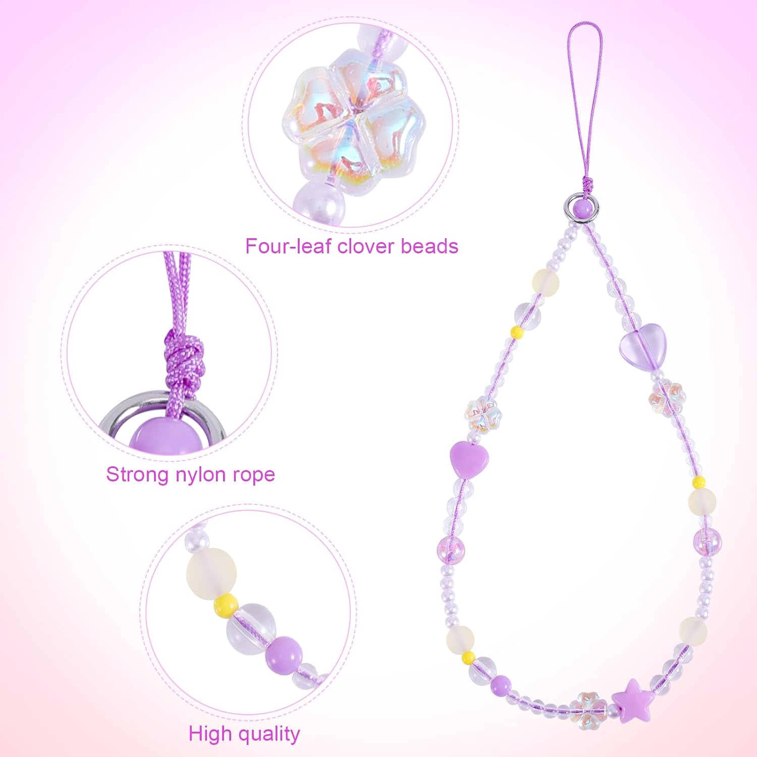 Mikovivi 2Pcs Beaded Phone Bracelet Strap, Love Four-Leaf Mobile Phone Chain Wristband Lanyard Anti-Lost Bracelet for Women Keychains Pendant Wallets Cameras Decoration, Medium, Resin, No Gemstone image number 6