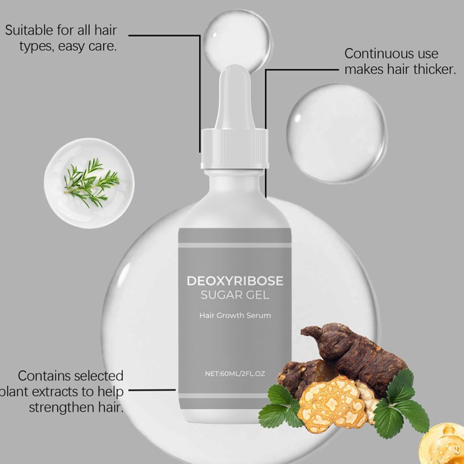 3Pcs Deoxyribose Sugar Gel Hair Growth, 3X60Ml Deoxyribose Sugar Hair Growth Serums, Serums Oil for Strengthening Hairs, Hairs Treatments Oil for Men and Women